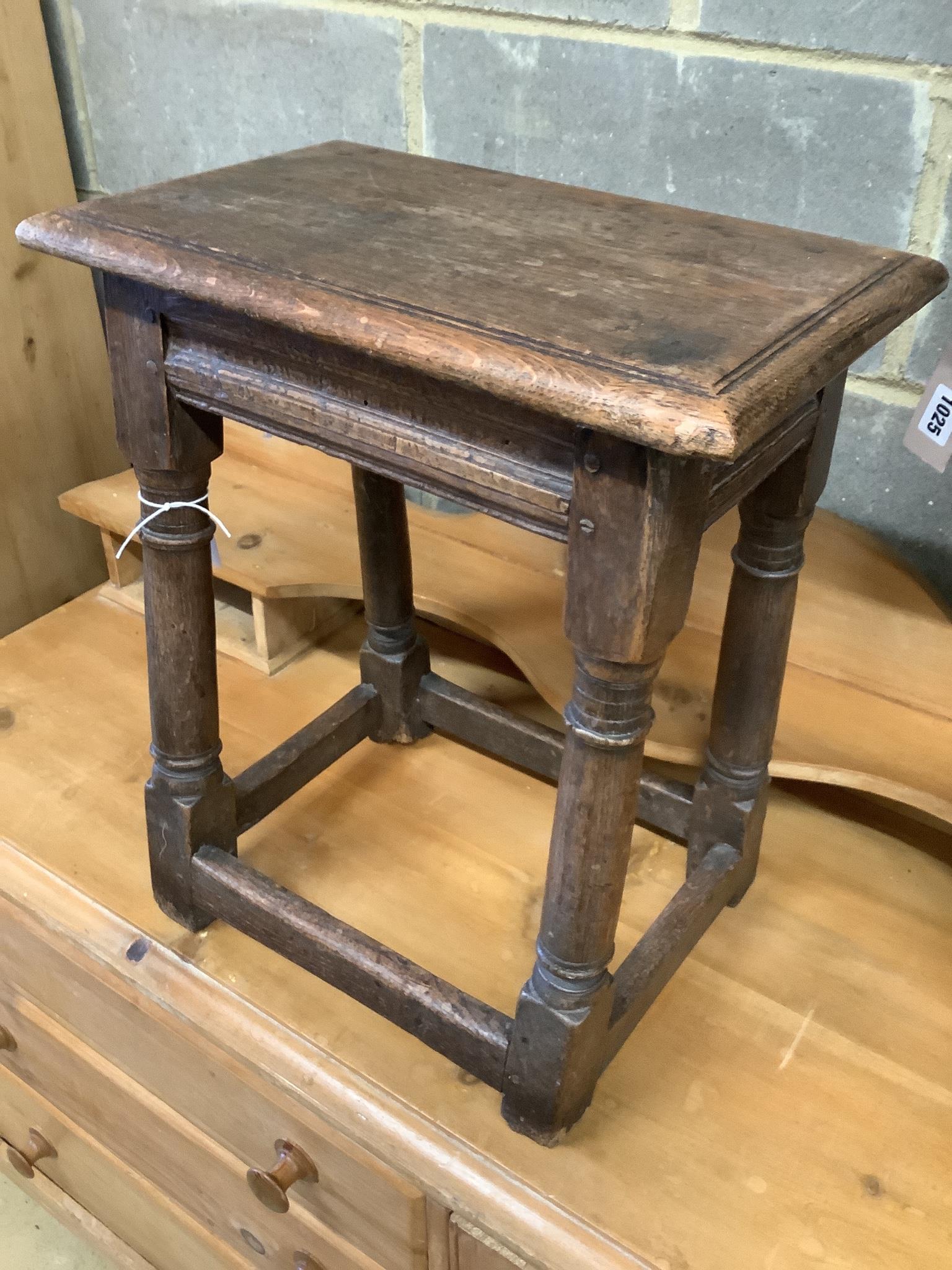 A 17th century style oak joint stool, length 44cm, depth 28cm, height 53cm